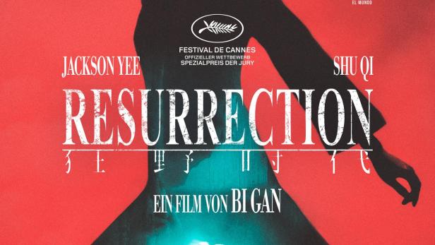 Filmplakat von „Resurrection“: schwarze Silhouette vor rotem Hintergrund, unten ein blau beleuchteter Gang mit kleiner Figur.