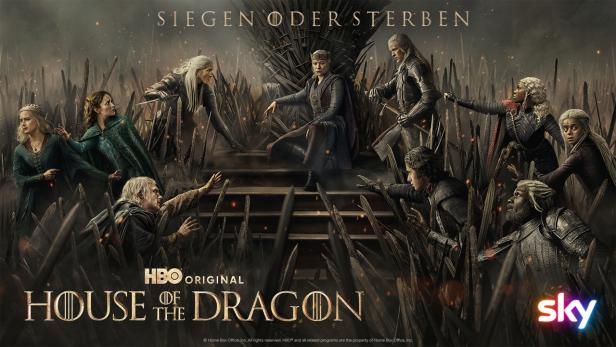 Die Charaktere aus House of the Dragon stehen um den Eisernen Thron, auf dem Rhaenyra Targaryen sitzt, unter dem Motto Siegen oder Sterben.