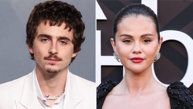 Timothée Chalamet in einem weißen Anzug neben Selena Gomez mit rotem Lippenstift und schwarzem Oberteil.