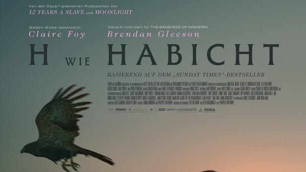 Filmplakat mit Frau, fliegendem Habicht und Titel „H wie Habicht“ vor Sonnenuntergang.