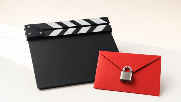 Schwarze Filmklappe neben rotem Briefumschlag mit kleinem Vorhängeschloss.