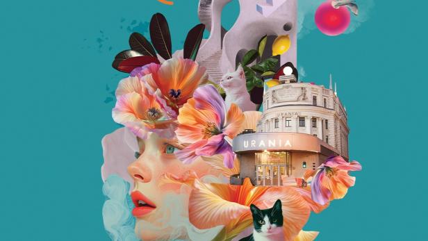 Kreatives Urania-Cee-Nema-Plakat mit Frauengesicht, Blumen, Katzen, Architektur und türkisfarbenem Hintergrund.
