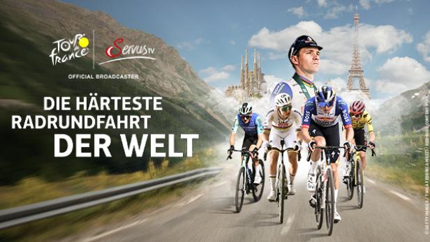 Werbung von ServusTV für die Tour de France mit Radprofis vor einer Bergkulisse, der Sagrada Família und dem Eiffelturm.