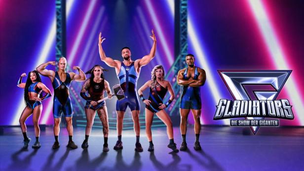 Sechs Athleten in Wrestling-Outfits posieren vor bunten Scheinwerfern, daneben steht das Logo „Gladiators – Die Show der Giganten“.