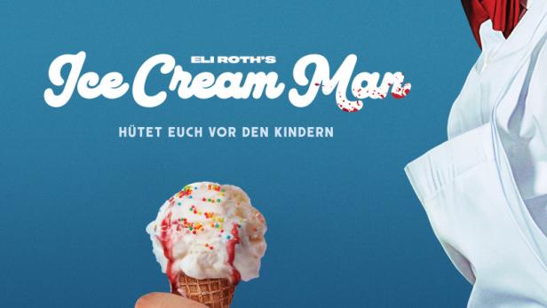 Ein Eismann mit verschmitztem Lächeln reicht einem Kind ein Eis auf dem Filmplakat zu Eli Roths „Ice Cream Man“.
