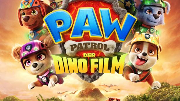 Das Filmplakat von Paw Patrol: Der Dino Film zeigt die Welpen und einen Dinosaurier vor einer Vulkanlandschaft.