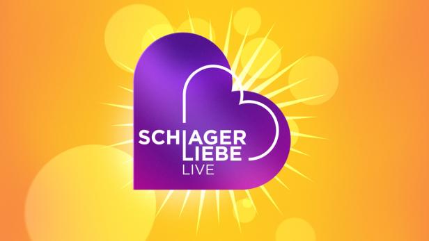 Ein violettes Herz mit dem Schriftzug „SCHLAGER LIEBE LIVE“ vor einem strahlenden, gelb-orangen Hintergrund.
