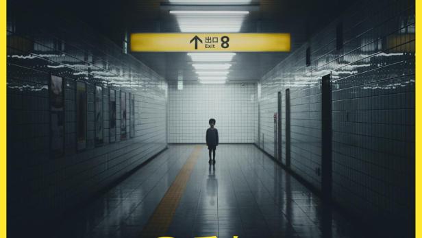 Ein einsames Kind steht in einem düsteren, gefliesten U-Bahn-Gang unter einem gelben Schild mit der Aufschrift „Exit 8“.