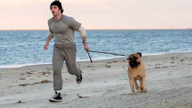 Ein junger Mann in Sportkleidung und Mütze joggt mit seinem Bullmastiff am Strand entlang.