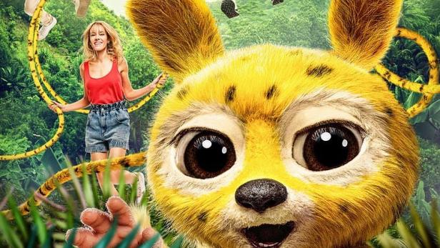 Filmplakat für „MARSUPILAMI“ mit großem gelbem Tier im Dschungel und mehreren Darstellern, die am Schwanz des Fatasietieres klettern oder schaukeln