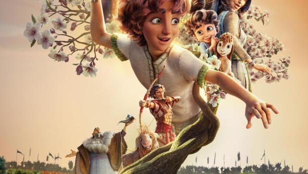 Filmplakat mit animierten Figuren, einem David mit Schleuder und dem Titel „DAVID“ vor blühendem Hintergrund.