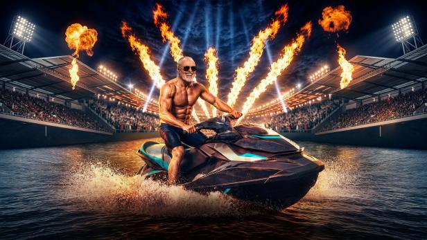 Ein muskulöser Stefan Raab mit Sonnenbrille fährt auf einem Jetski durch ein beleuchtetes Stadion, während im Hintergrund Flammen in den Nachthimmel schießen.