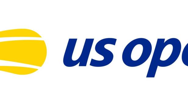 Das Logo der US Open zeigt einen gelben, stilisierten Tennisball mit Bewegungsstreifen neben dem blauen Schriftzug „us open“.