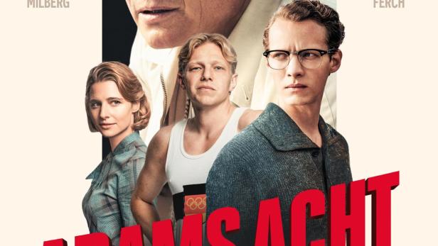 Filmplakat zu „Adams Acht“ mit Oliver Masucci, Felix Kammerer und weiteren Darstellern sowie einem jubelnden Ruderteam auf dem Wasser.