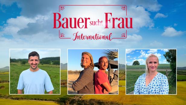 Werbegrafik mit dem Titel „Bauer sucht Frau International“ und drei porträtierten Personen vor ländlicher Kulisse.