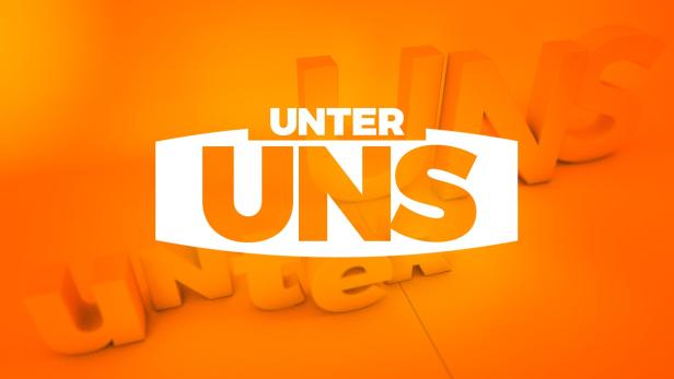 Das Logo der Fernsehserie „Unter uns“ in weißer Schrift auf einem orangefarbenen Hintergrund.