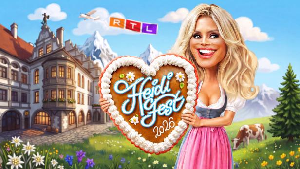 Eine karikierte Heidi Klum im Dirndl hält vor einer Alpenkulisse mit RTL-Flugzeug ein Lebkuchenherz mit der Aufschrift „Heidi Fest 2026“.