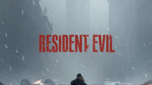 Eine Person mit Erste-Hilfe-Koffer steht in einer nebligen, zerstörten Stadt vor dem Filmtitel Resident Evil, während Gestalten auf den Dächern lauern.