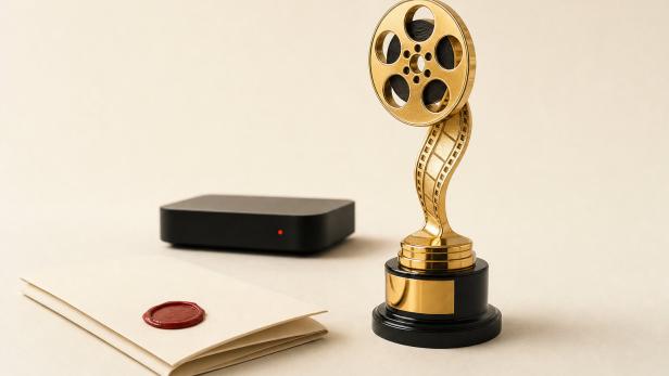 Goldene Filmrolle als Trophäe auf schwarzem Sockel neben versiegeltem Umschlag und schwarzem Rechteckobjekt auf hellem Untergrund.