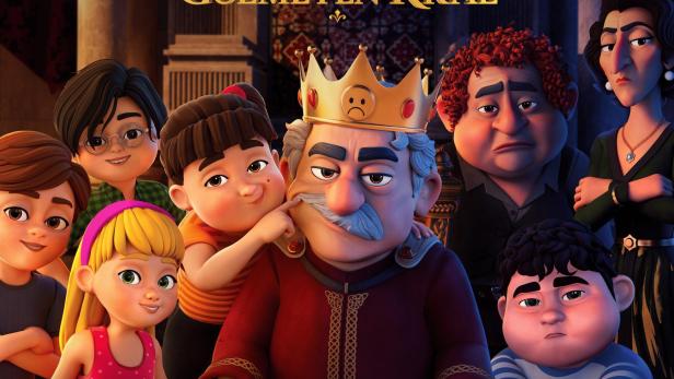 Animierter Filmplakat mit einem traurigen König und mehreren Kindern unter dem Titel „Gupi ve Gülmeyen Kral“.