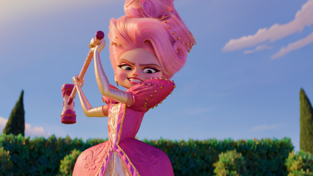 Eine animierte Frau mit hoher rosa Frisur und in einem pinken Kleid schwingt drohend einen Hammer vor einem blauen Himmel.