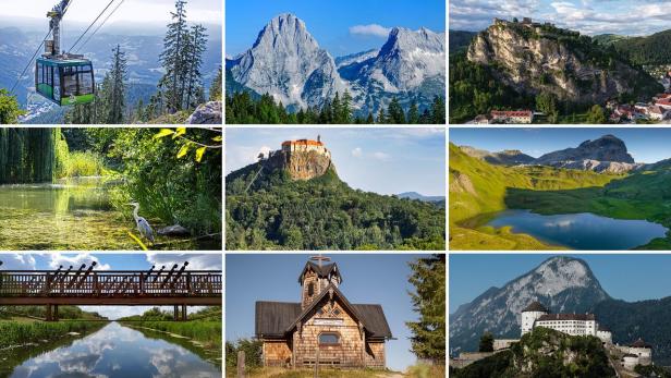 Eine Collage aus neun verschiedenen Natur- und Landschaftsaufnahmen mit Bergen, Burgen, Gewässern und architektonischen Highlights.