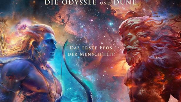 Filmplakat: Zwei mythologische Krieger mit Bogen und roter Mähne stehen sich in einer kosmischen Szenerie gegenüber.