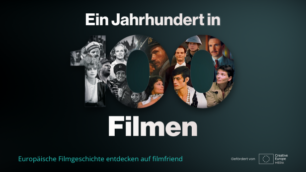 Grafik mit dem Text „Ein Jahrhundert in 100 Filmen“, wobei die Nullen durch historische Filmszenen gefüllt sind.