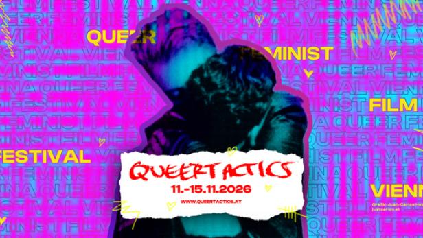 Plakat für das Queer Film Festival Wien mit zwei sich umarmenden Personen vor bunt-pinkem Hintergrund und den Daten 11.–15.11.2026.