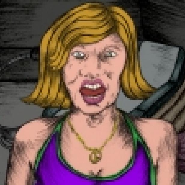 Eine animierte Frau mit blonden Haaren und einem lila Top schreit.