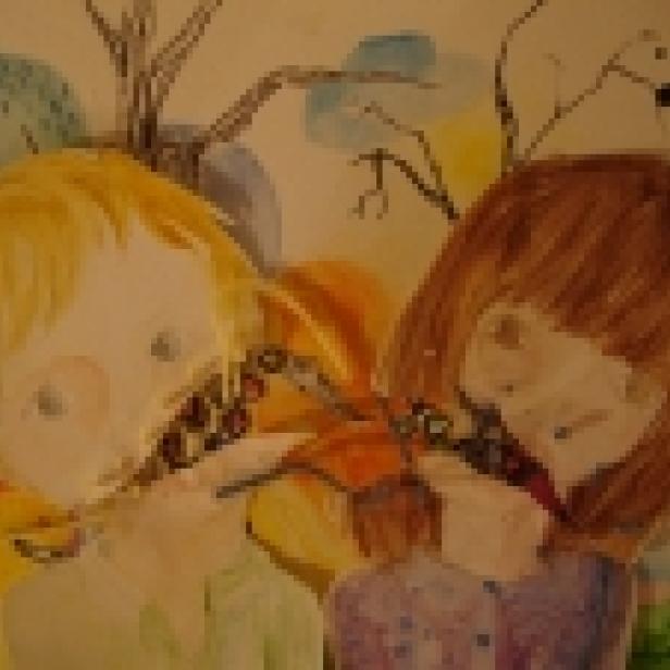 Eine Illustration von zwei Kindern, die an einer Kette mit Beeren ziehen.