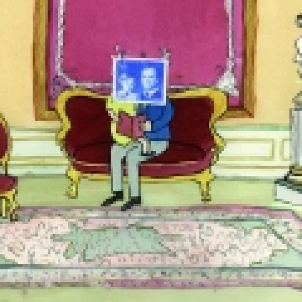 Eine Person sitzt auf einem Sofa und liest ein Buch, wobei ein blaues Bild ihr Gesicht verdeckt.