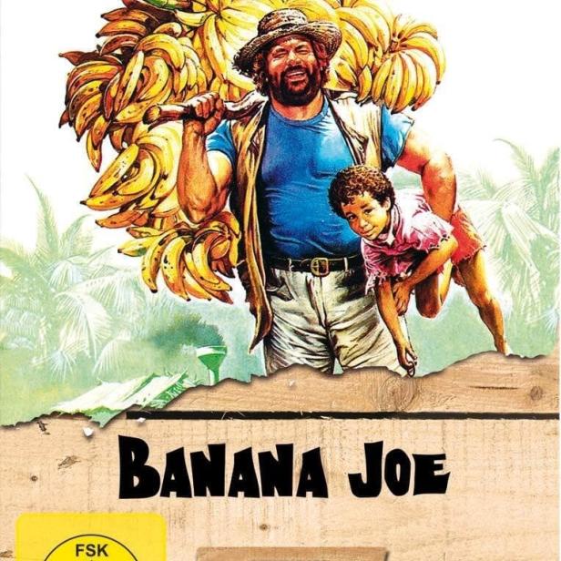 Das Filmplakat für „Banana Joe“ mit Bud Spencer und einem Jungen, der sich an ihn klammert, während er Bananen trägt.