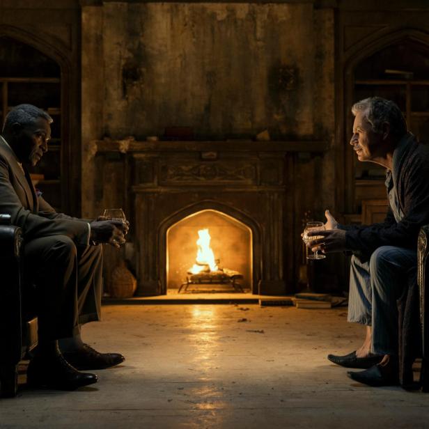 Roderick Usher und Ermittler Dupin sitzen sich gegenüber. Im Hintergrund sieht man einen brennenden Kamin.