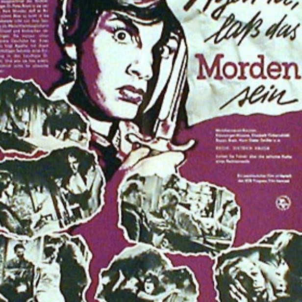 Plakat für „Agatha, laß das Morden sein“ mit einer Frau, die entsetzt ein Messer hält.