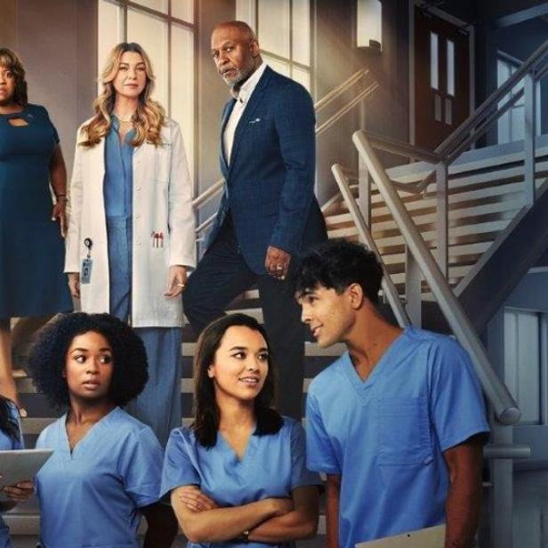 Das Ensemble der 20. Staffel von „Grey's Anatomy“ posiert auf einer Treppe.