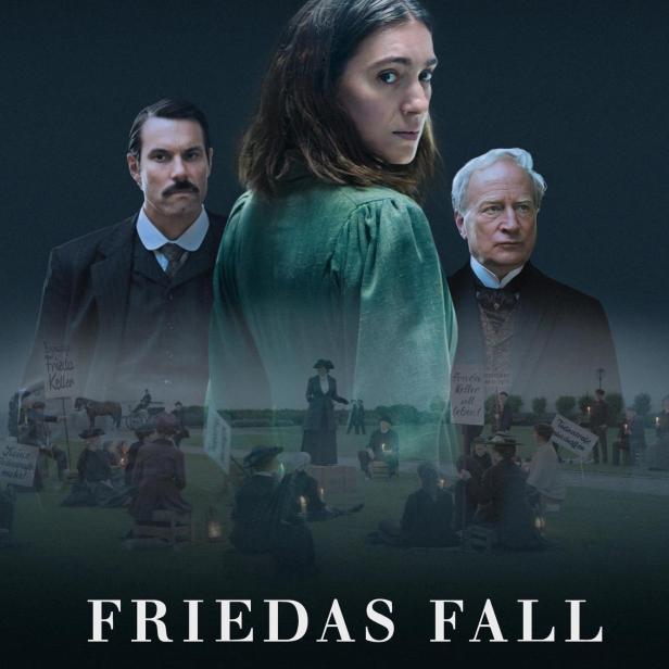 Das Filmplakat für „Friedas Fall“ zeigt eine Frau vor einer Demonstration gegen die Todesstrafe.