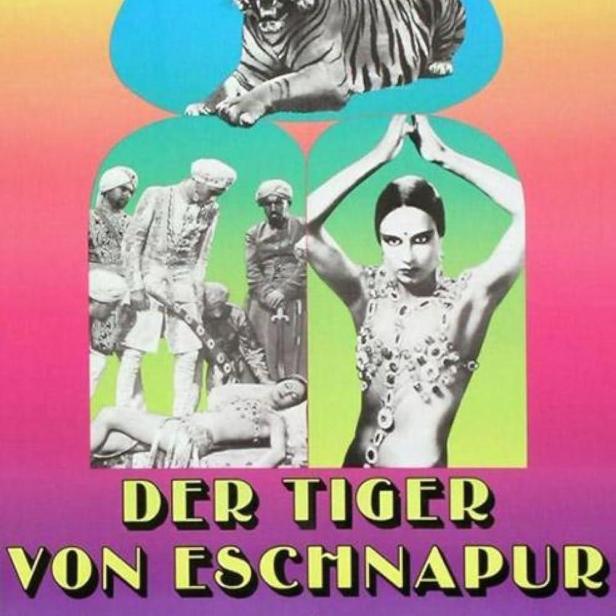 Das Filmplakat für „Der Tiger von Eschnapur“ zeigt einen Tiger und indische Darsteller.