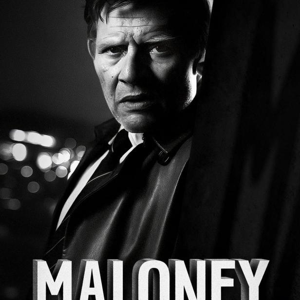 Ein Schwarz-Weiß-Porträt eines Mannes namens Maloney, möglicherweise ein Filmposter.