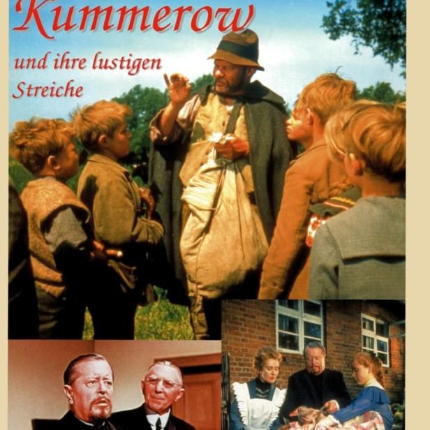 Das Filmplakat für „Die Heiden von Kummerow“ zeigt Szenen mit Dorfbewohnern und Kindern.