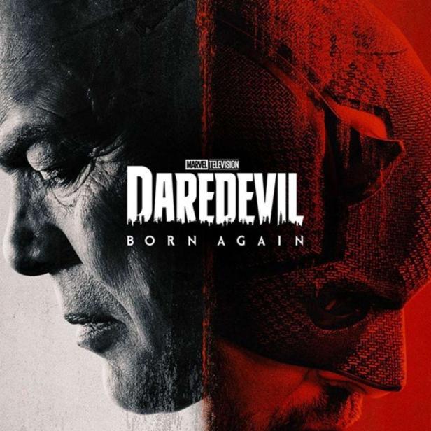 Ein geteiltes Porträt von Daredevil und Matt Murdock für die Serie „Daredevil: Born Again“.