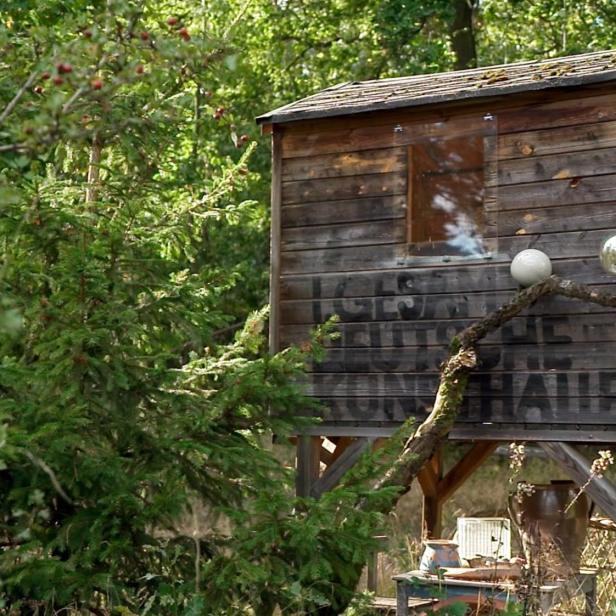 Ein hölzernes Baumhaus steht erhöht im Wald.