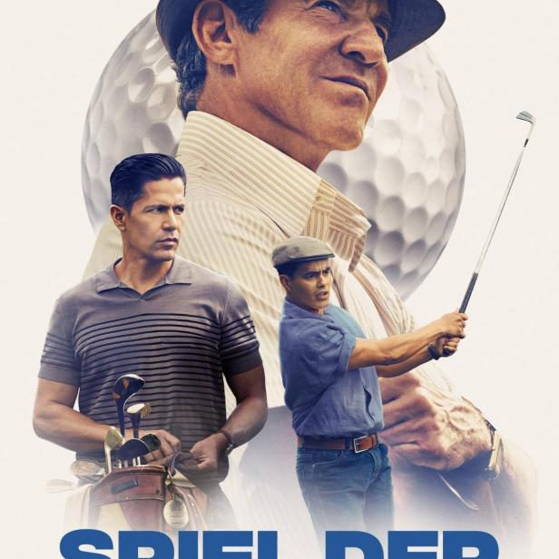 Das Filmplakat für „Spiel der Könige“ zeigt drei Männer und einen Golfball.