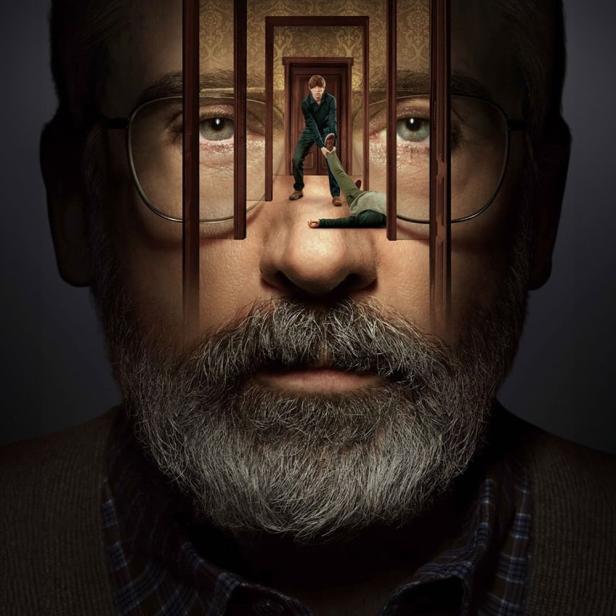 Das Poster für „Der Patient“ zeigt das Gesicht eines Mannes, in dessen Augen ein Mann eine andere Person durch eine Reihe von Türen zieht.