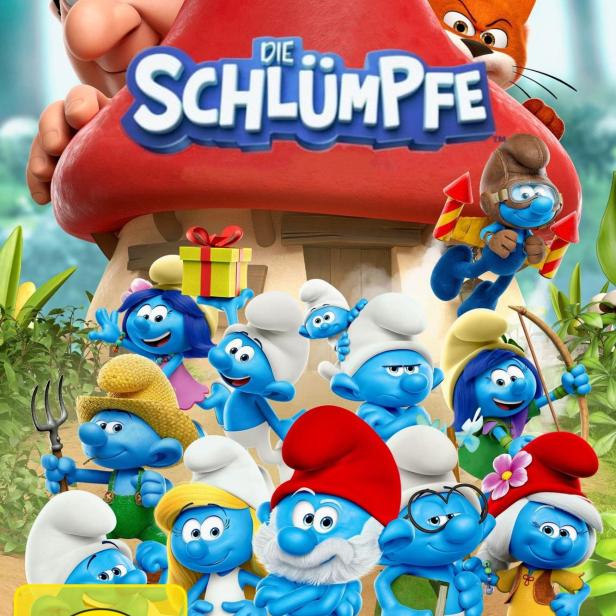 Das Filmplakat für „Die Schlümpfe“ zeigt die Schlümpfe, Gargamel und Azrael vor einem Pilzhaus.