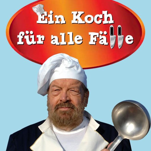 Bud Spencer als Koch mit Schöpfkelle vor dem Filmtitel „Ein Koch für alle Fälle“.