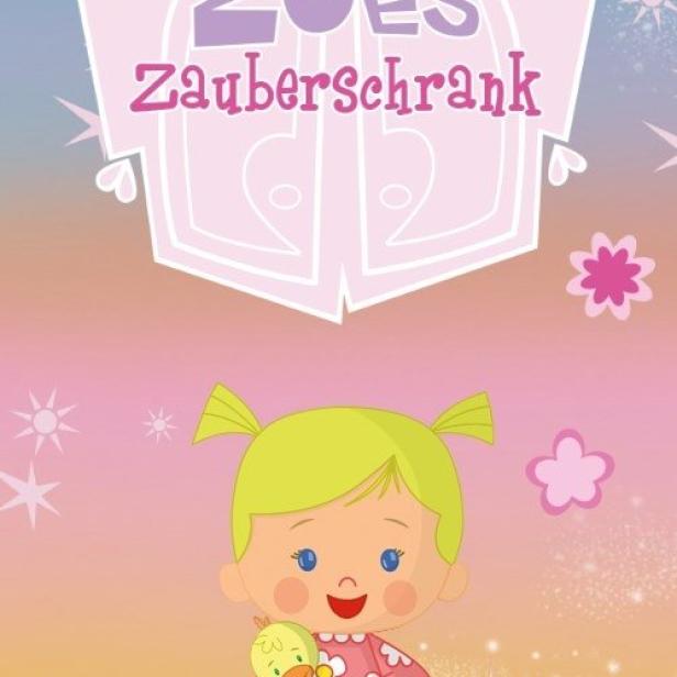 Eine Cartoon-Darstellung von „Zoés Zauberschrank“ mit einem kleinen Mädchen, das eine Ente hält.