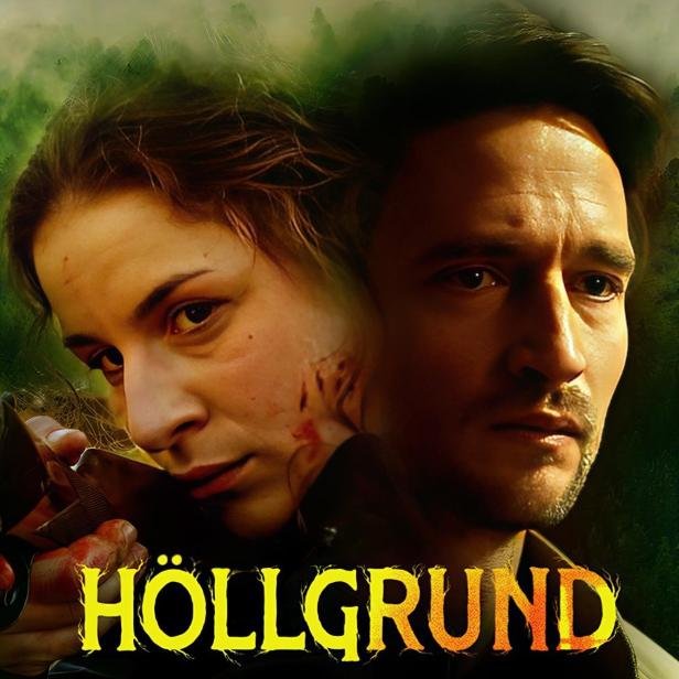 Das Filmplakat für „Höllgrund“ zeigt eine verletzte Frau und einen Polizisten vor einem grünen Hintergrund.