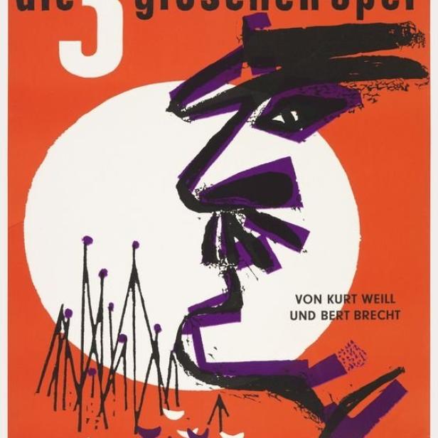 Plakat für „Die 3 Groschen-Oper“ von Kurt Weill und Bert Brecht mit stilisierter Gesichts-Darstellung.