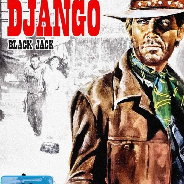 Das Filmplakat für „Auf die Knie, Django“ zeigt einen Cowboy mit Hut und ein Paar im Hintergrund.